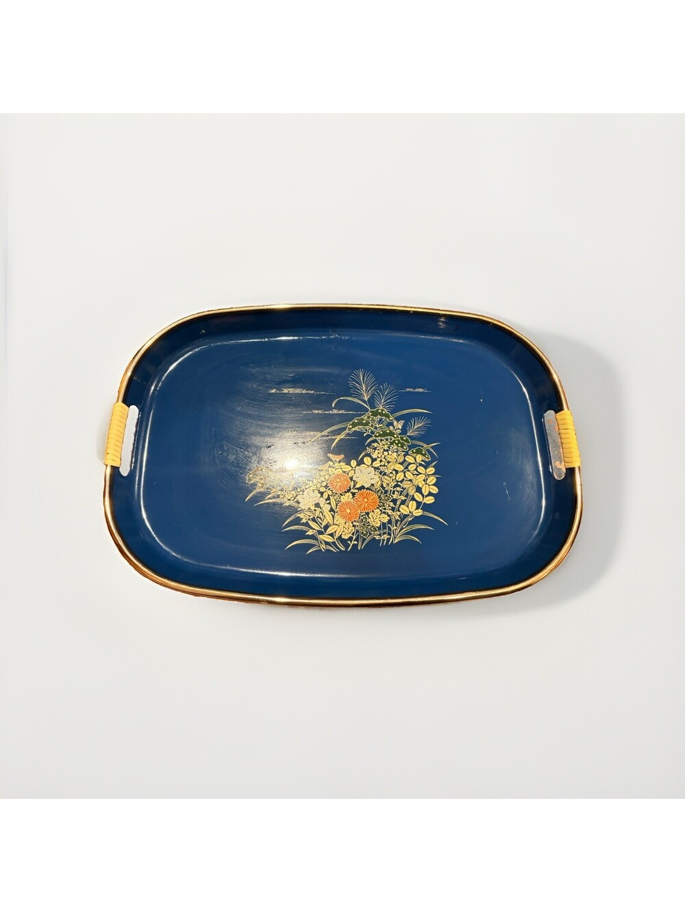 Vintage Japanese Lacquerware Serving Tray Blue Floral Gold Trim Made Japan